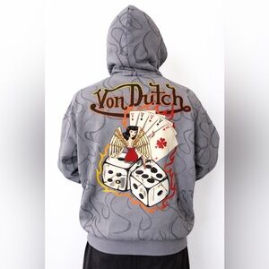 Von Dutch Gray Hoodie with Dice and Cards Design